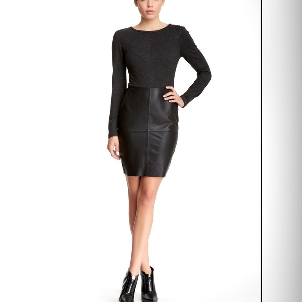 Trina Turk NWT! Sutherland Ponte Leather Long Sleeve Mini Dress in Black size 12